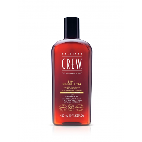 American Crew 3-in-1 šampūnas, kondicionierius ir kūno prausiklis su imbieru ir arbata, 450 ml American Crew 3-in-1 šampūnas, kondicionierius ir kūno prausiklis su imbieru ir arbata, 450 ml