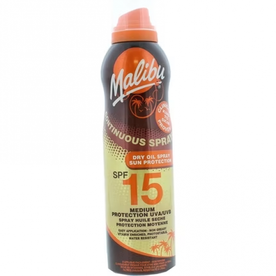 Malibu Sausas įdegio aliejus purškiklis SPF15 su taukmedžio sviestu, 175 ml