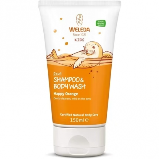 Weleda Bio Kids 2in1 dušo želė ir šampūnas su vaisių apelsinų skoniu, 150 ml